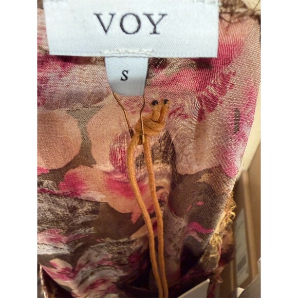 VOY Mini Dress Womens Size S Brown Pink Floral Babydoll Puff Sleeve - Picture 7 of 8